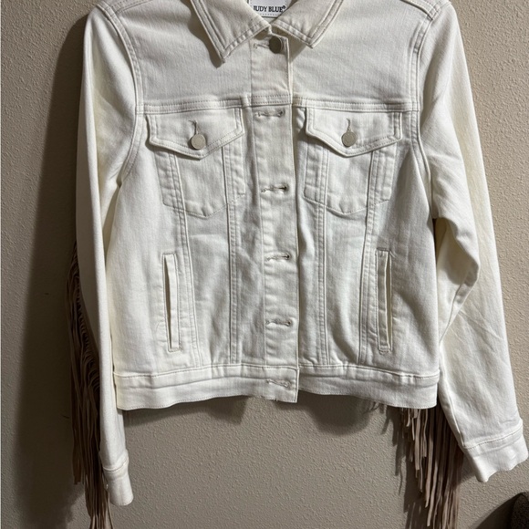 Judy blue Cream/White Denim Jacket with Fringe - Picture 2 of 7